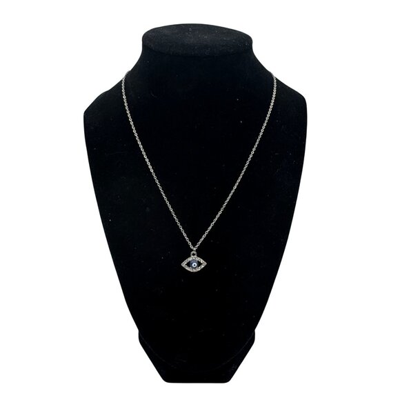 Evil Eye Necklace Silver Chain Adjustable Rhinestone Detailing Blue White Enamel - Picture 2 of 3